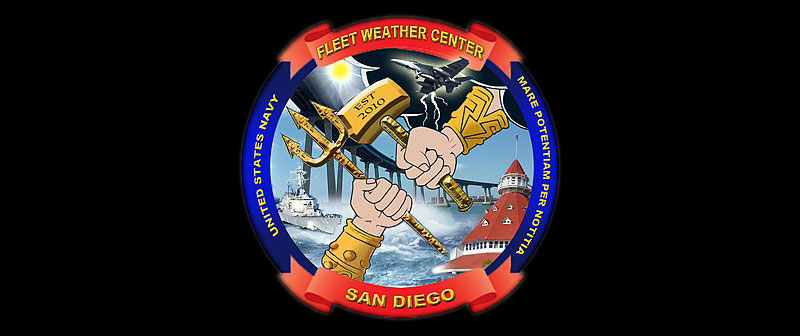 Logo of Fleet Weather Center San Diego showing a two hands, one holding a trident and the other holding a hammer.
