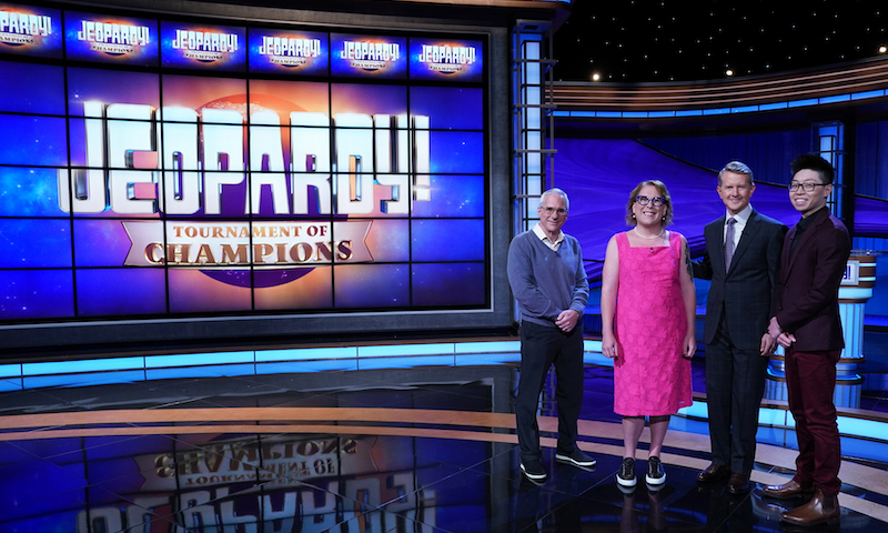 Dr. Sam Buttrey, on Jeopardy! Tournament of Champions finals with winner Amy Schneider, host Ken Jennings, and contestant Andrew He