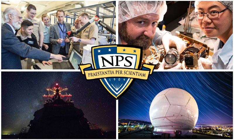 Four images under NPS crest highlighting space collaboration, research, equipment, and innovation.